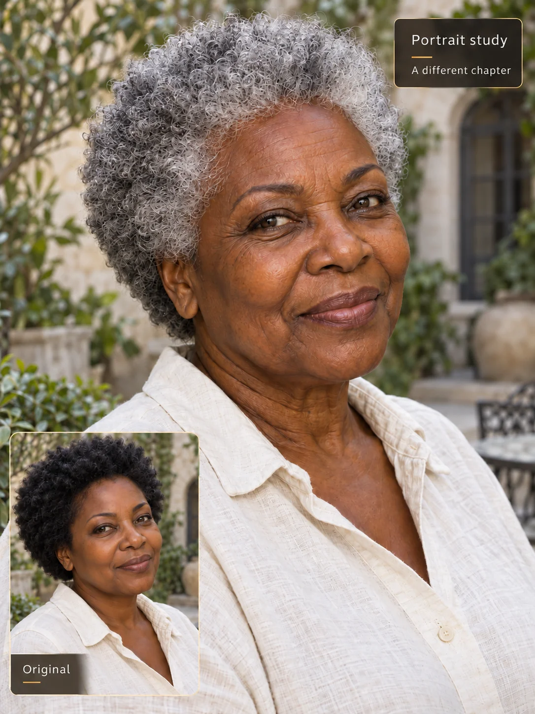 AI-generated older portrait in a courtyard with a younger reference inset
