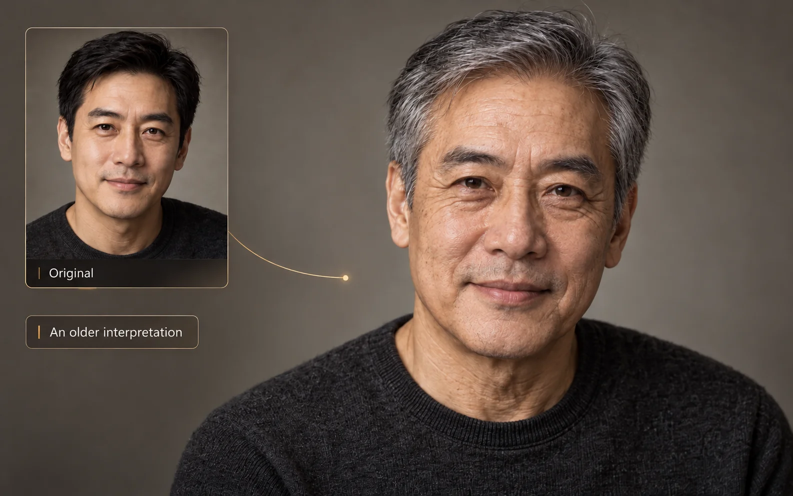An AI-generated older face beside its younger portrait reference