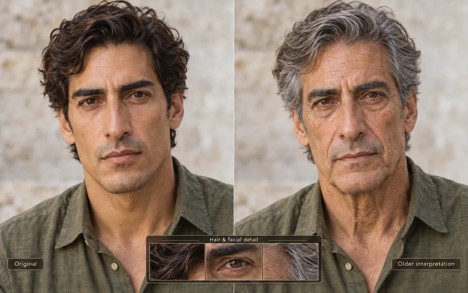 Younger and AI-generated older portraits with hair and facial detail comparisons
