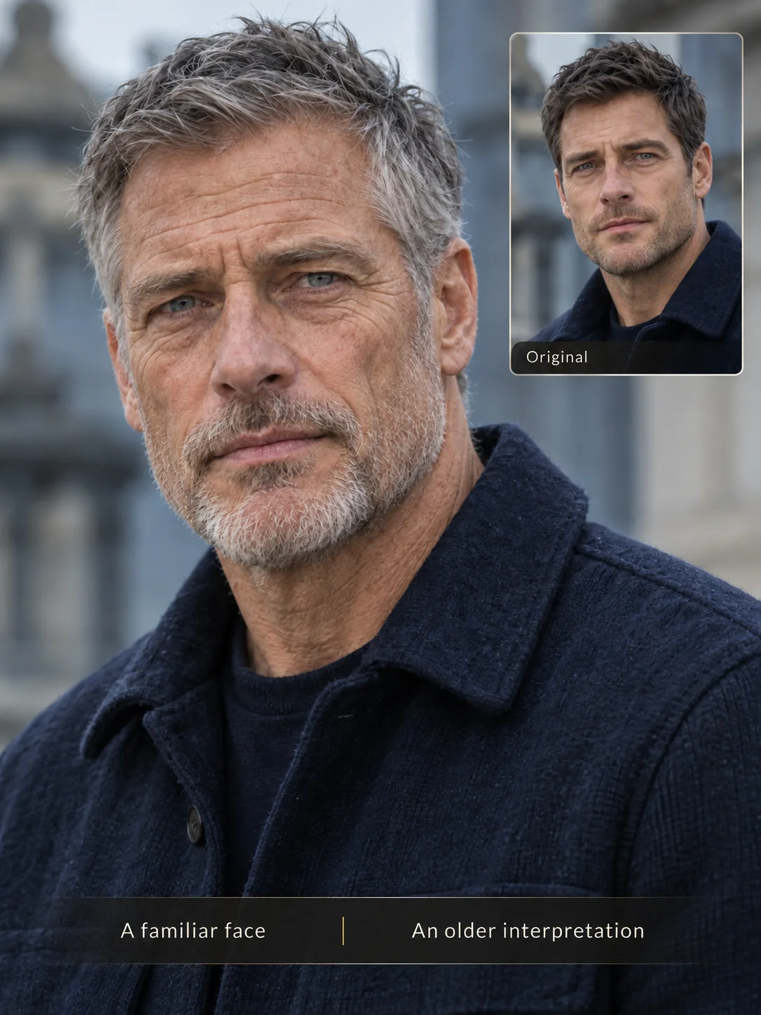 AI-generated older portrait in a navy coat with a younger reference inset