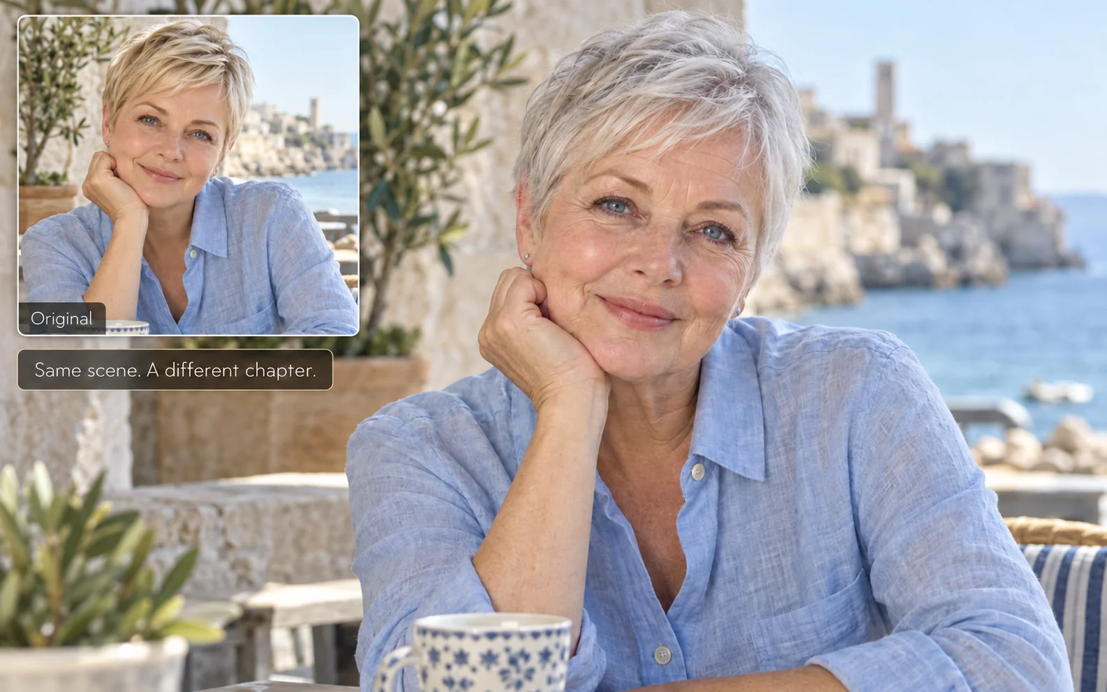 AI-generated older portrait at a seaside cafe with a younger reference inset