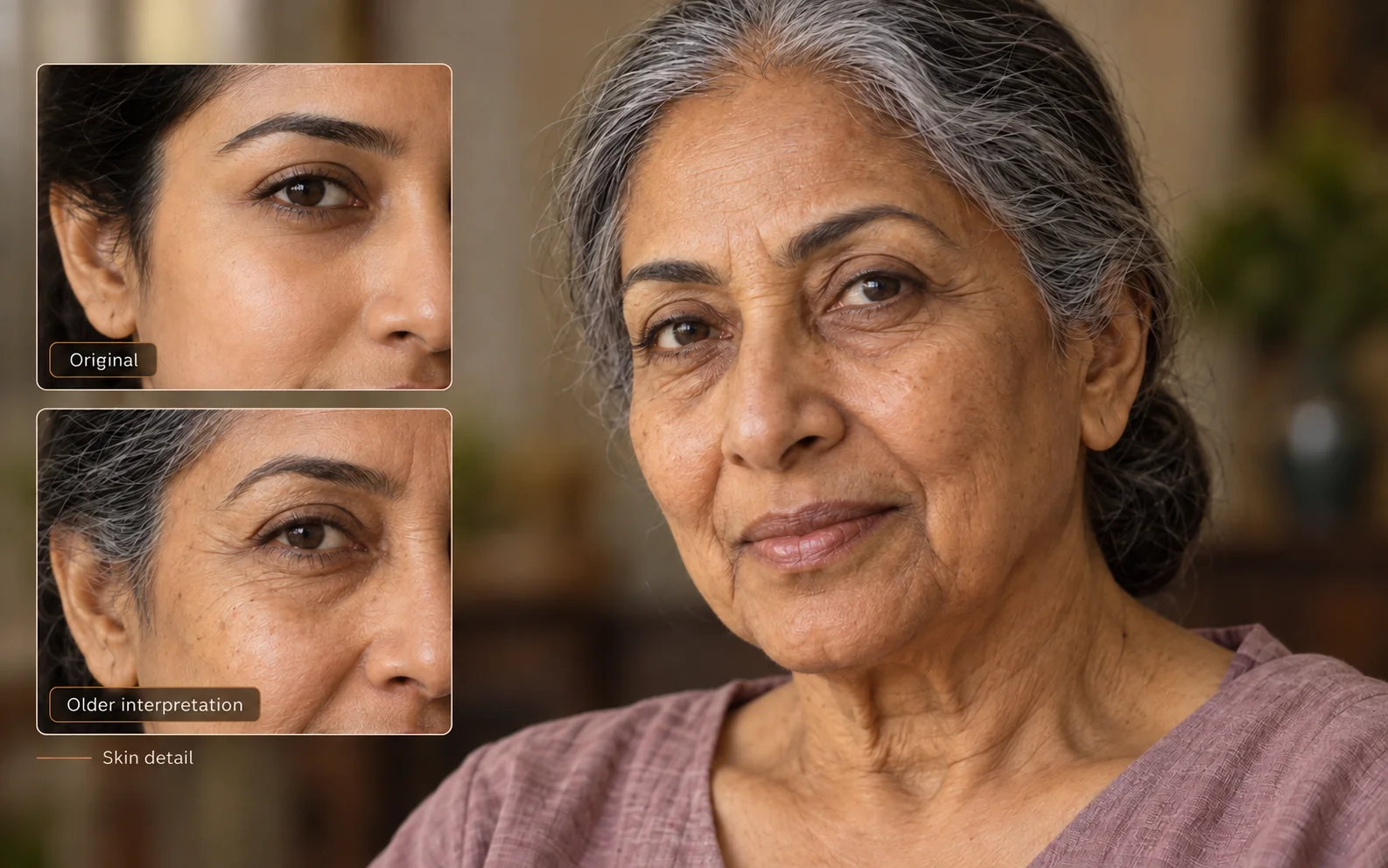 AI-generated older portrait with younger and older eye and cheek detail insets