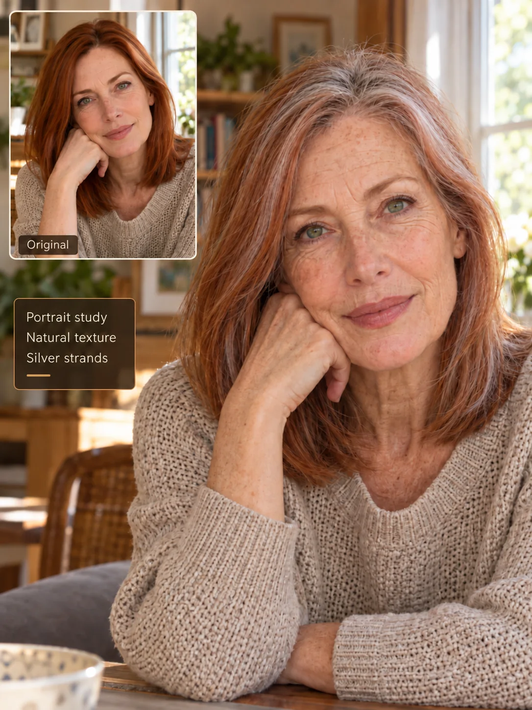 AI-generated older portrait by a window with a younger reference inset