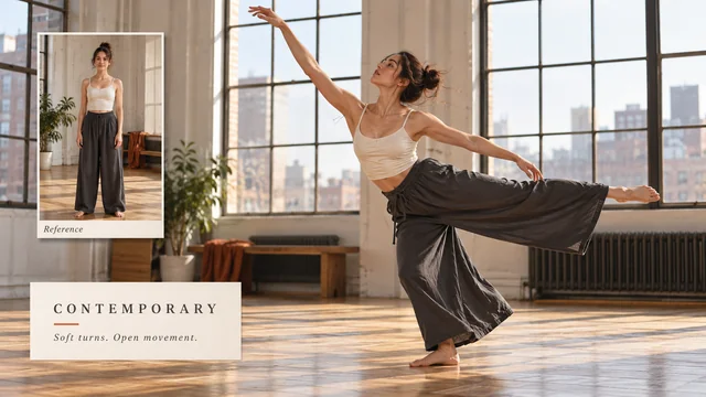 AI contemporary dance illustration with a dancer and reference portrait