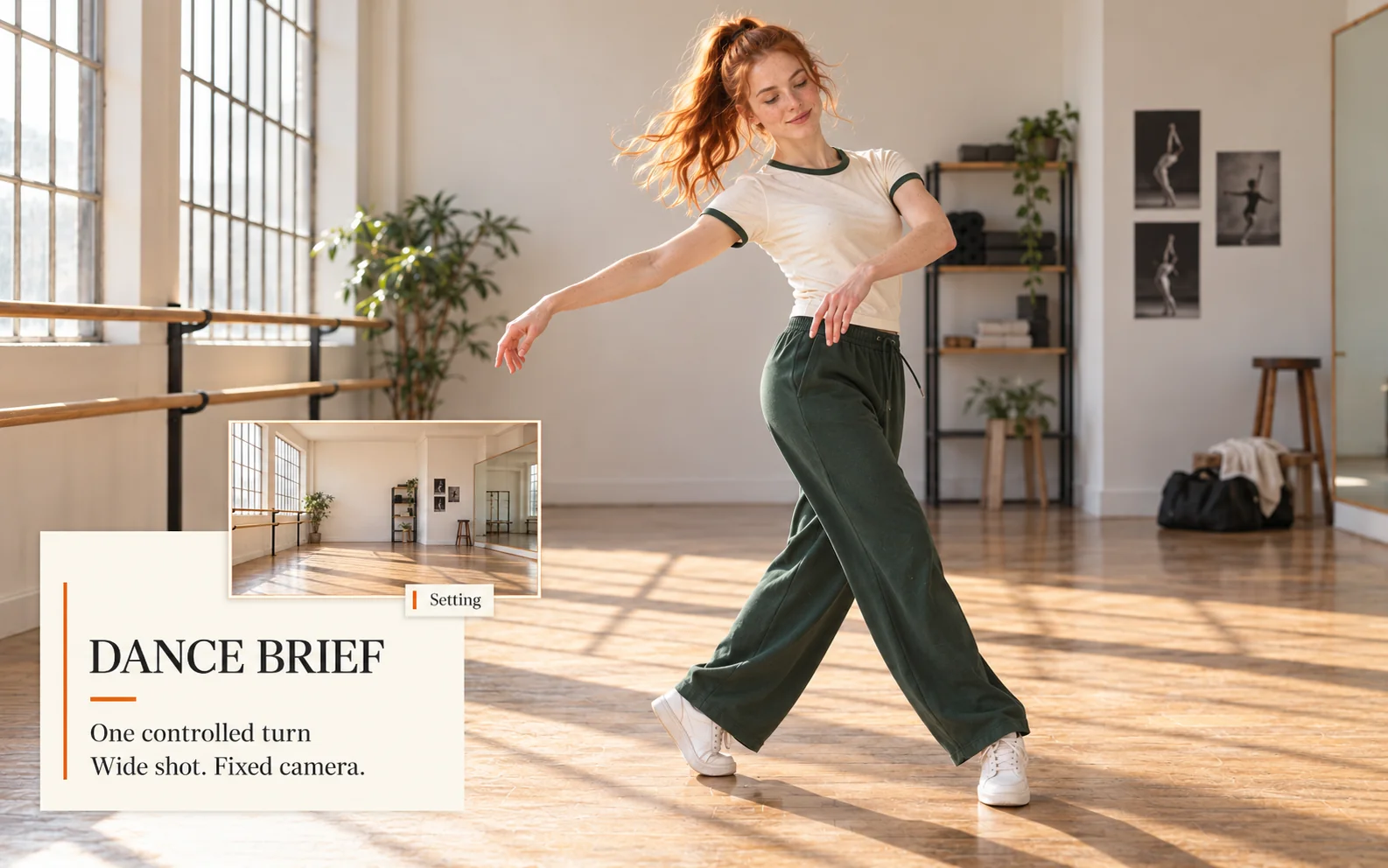 AI visual example pairing a dancer with a movement prompt and studio setting.