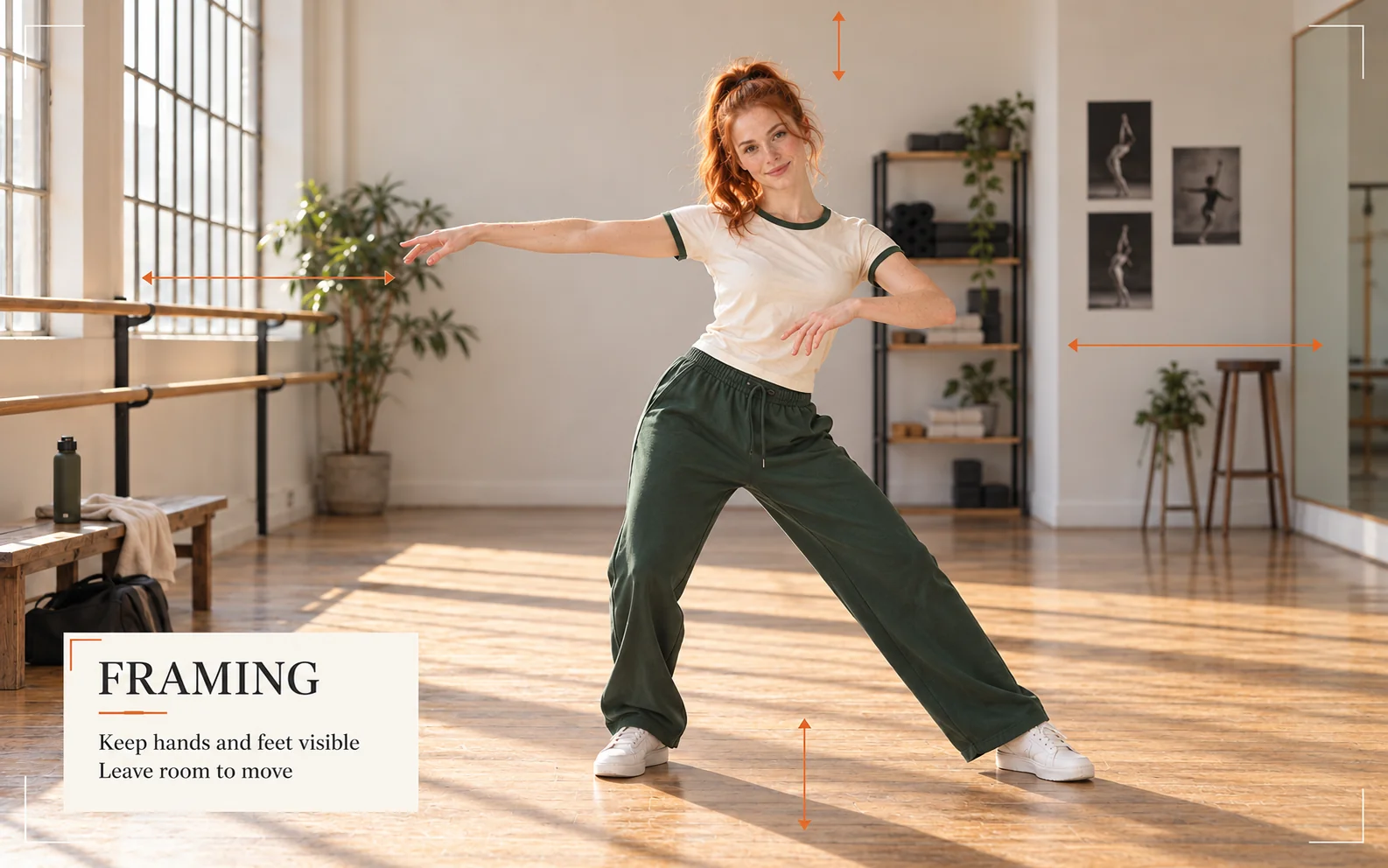 AI visual example showing full-body dance framing with room around hands and feet.