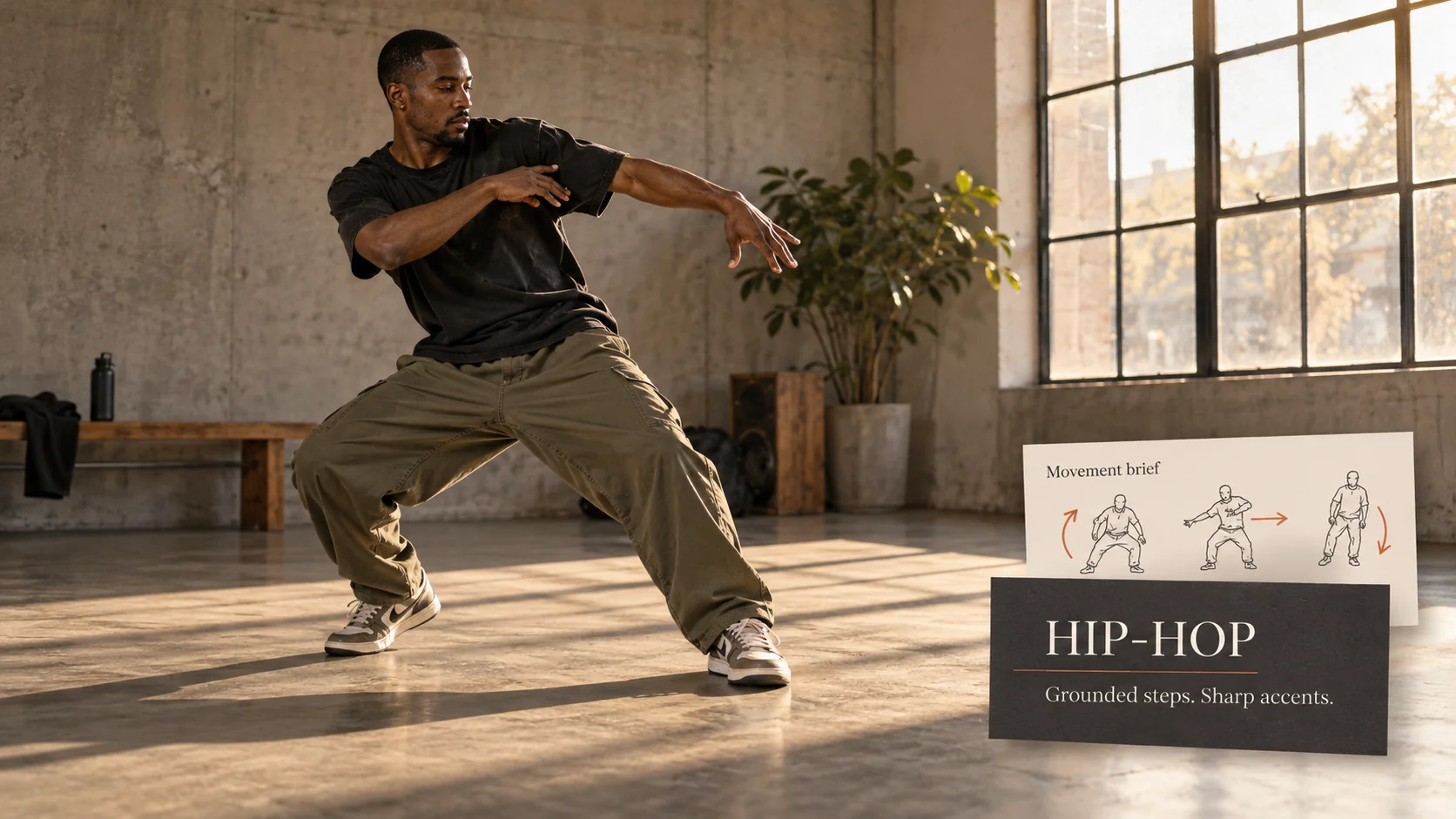 AI-generated hip-hop dance concept with grounded footwork and movement notes.