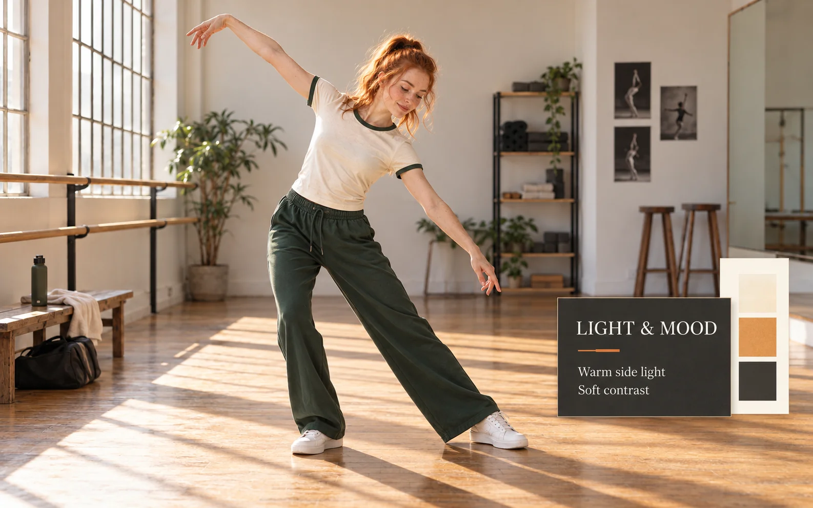 AI visual example of a dancer in warm side light with a restrained color palette.