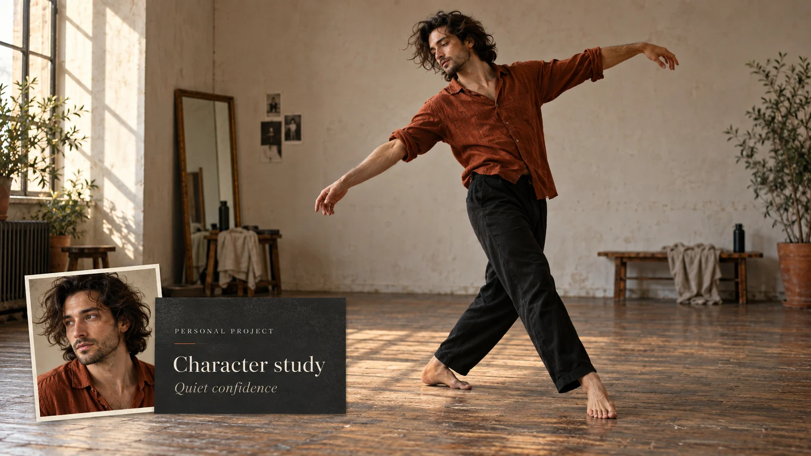 AI dance concept for a personal character study with a reference portrait.