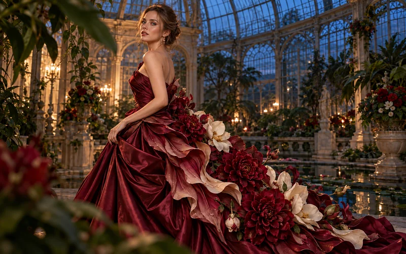 AI illustration of a burgundy gown unfolding into flowers in a glass conservatory