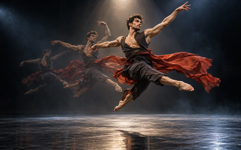 AI illustration of a leaping dancer with red fabric and two fading motion echoes