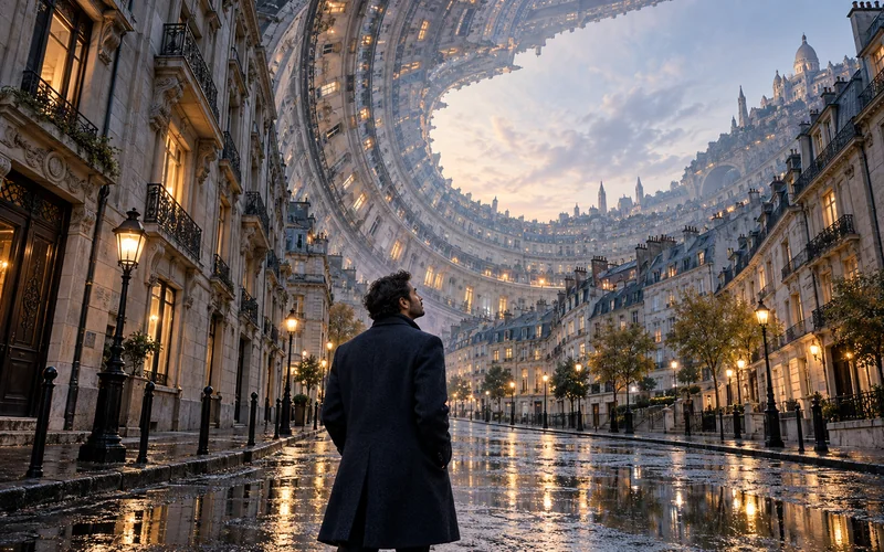 AI illustration of a rain-soaked city curving overhead around a person