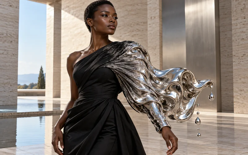 AI illustration of a black couture sleeve transforming into flowing silver