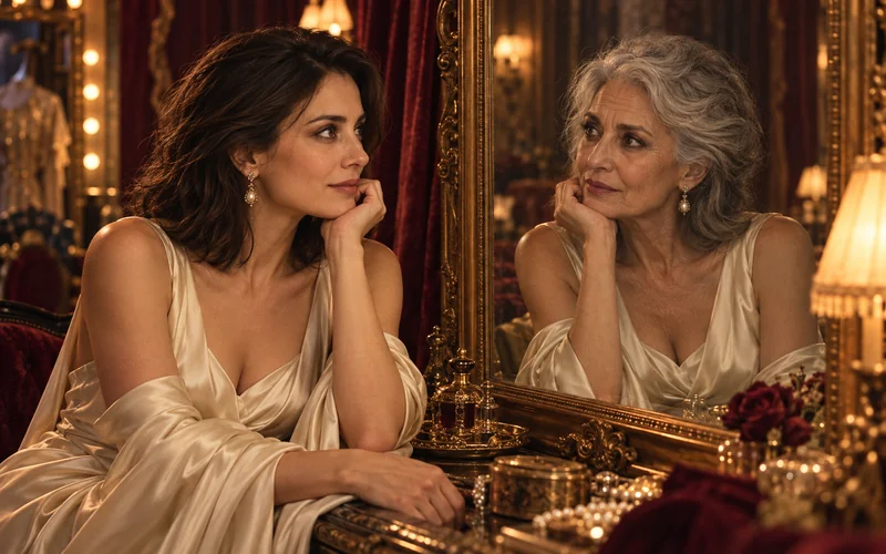 AI illustration of a younger woman facing an older interpretation in a theater mirror