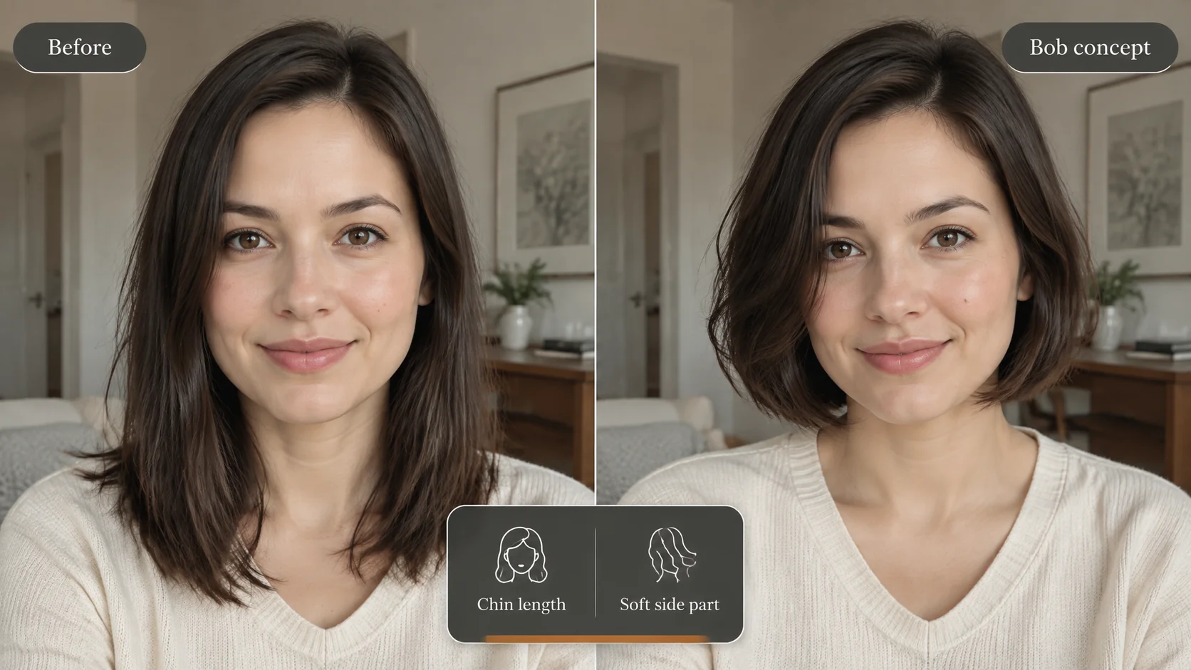 AI hairstyle concept comparing shoulder-length hair with a chin-length bob