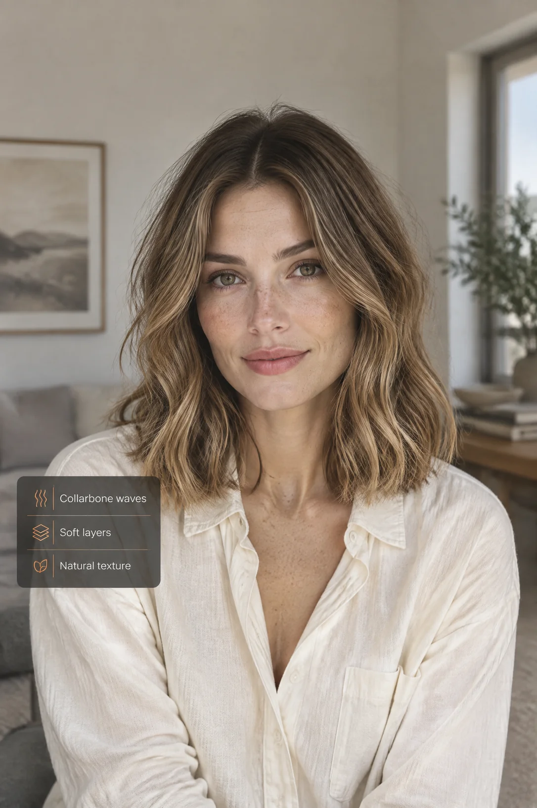 AI collarbone-length wavy hairstyle concept with soft-layer and texture labels