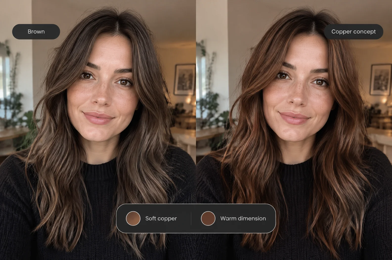 AI hair color concept comparing brown and soft copper shades with color swatches