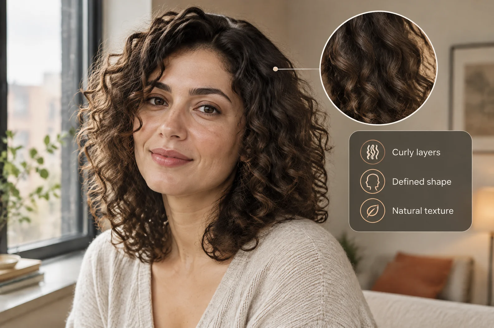 AI curly layered hairstyle concept with an illustrative hair-detail inset