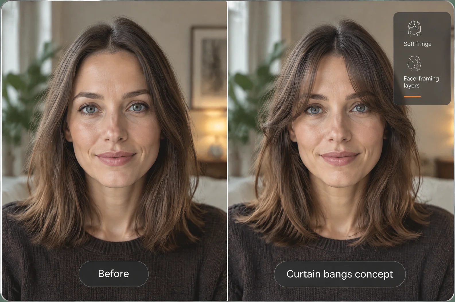 AI hairstyle concept comparing hair without bangs and with curtain bangs
