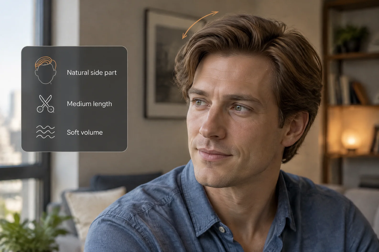 AI men’s medium-length side-part hairstyle concept with editorial labels