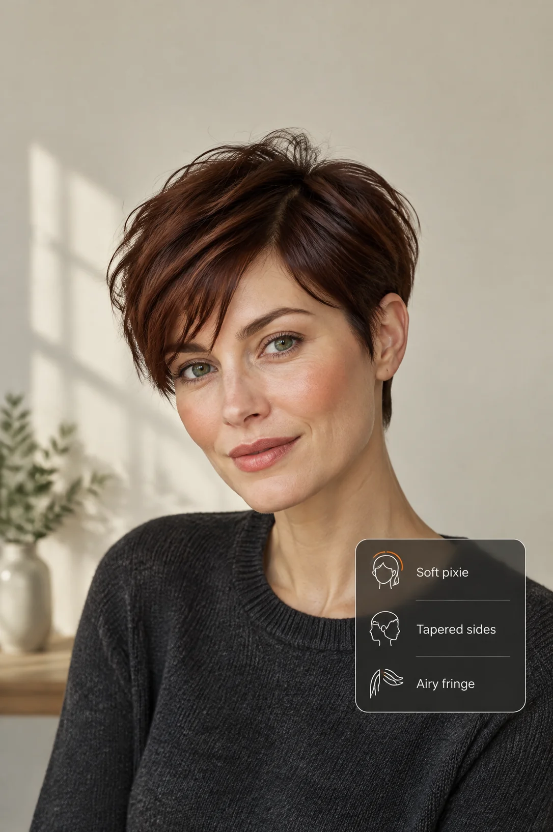 AI auburn pixie haircut concept with tapered-side and airy-fringe labels
