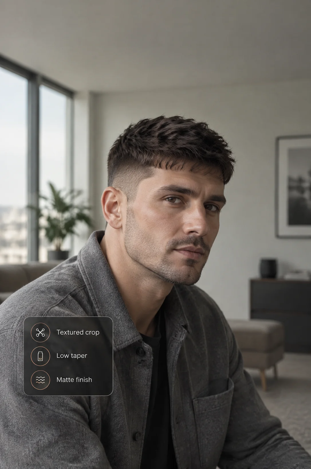 AI men’s textured crop hairstyle concept with low-taper and matte-finish labels