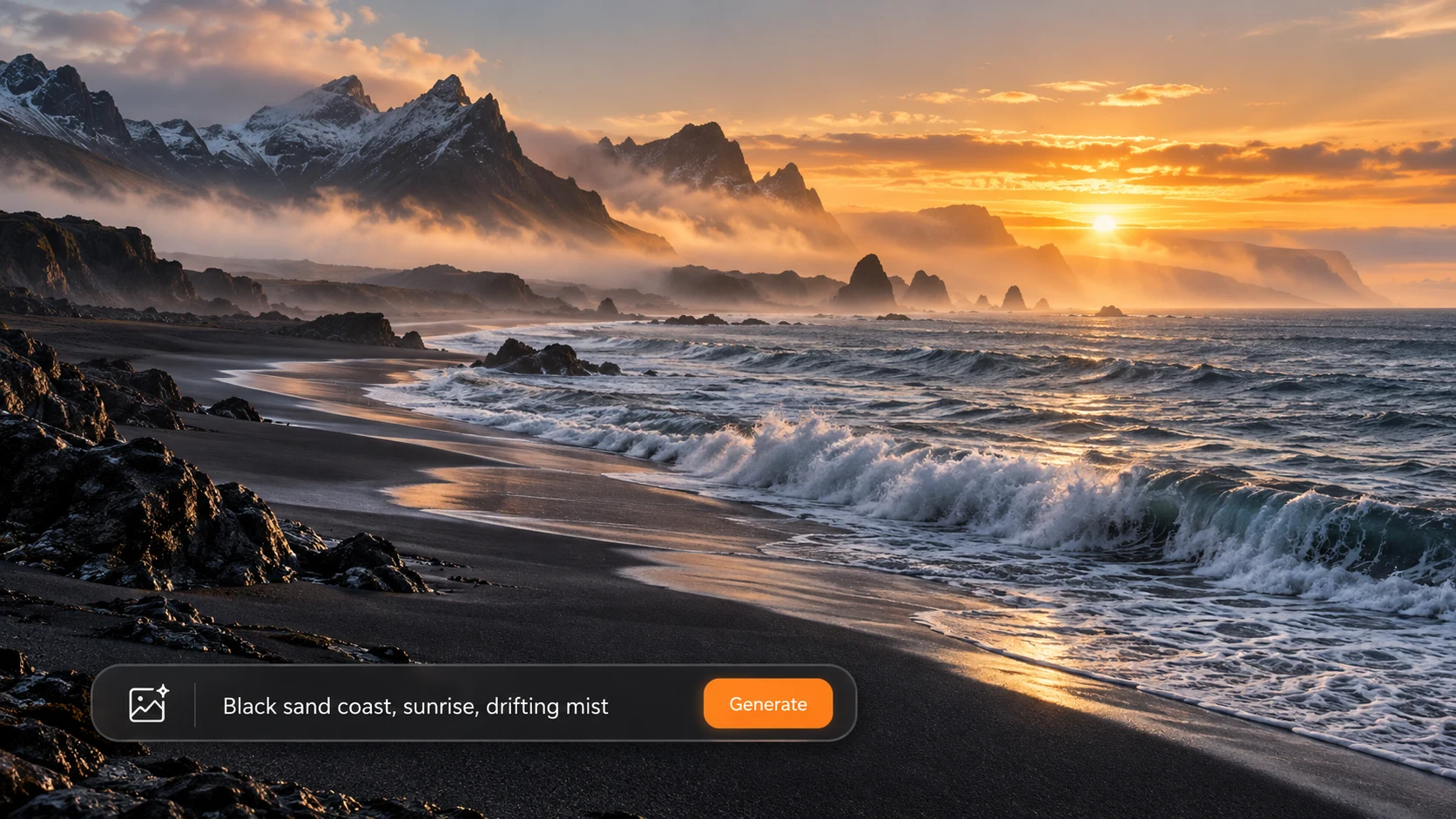 Black-sand coastline with waves, misty peaks and a generation UI card