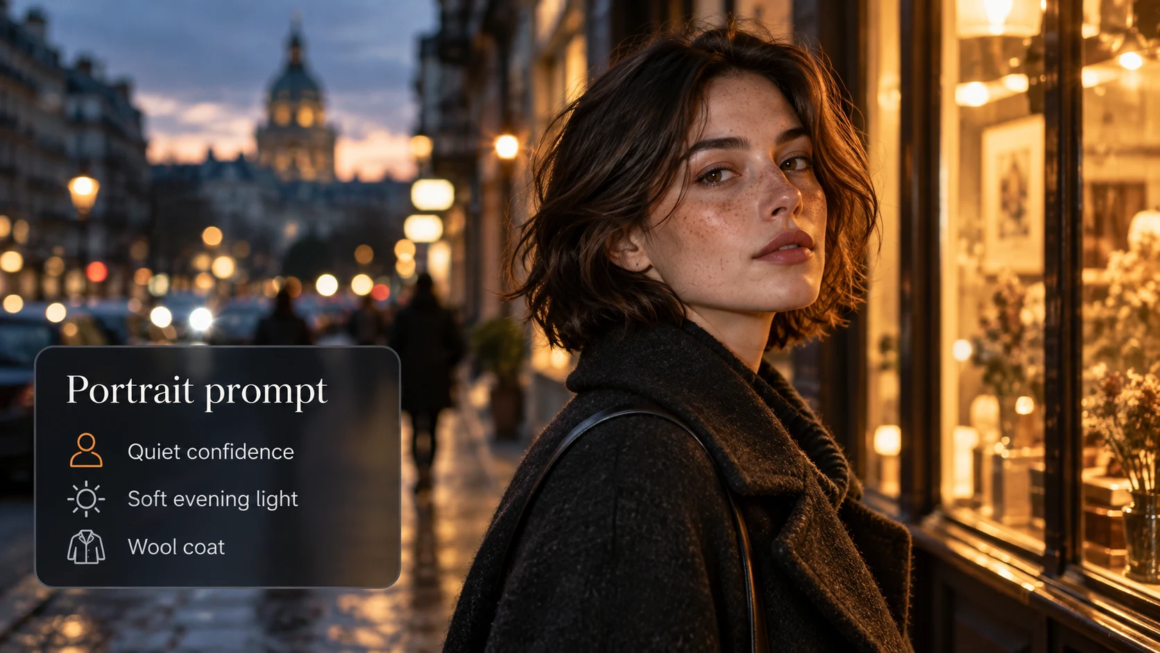 City portrait in warm evening light with a portrait prompt card