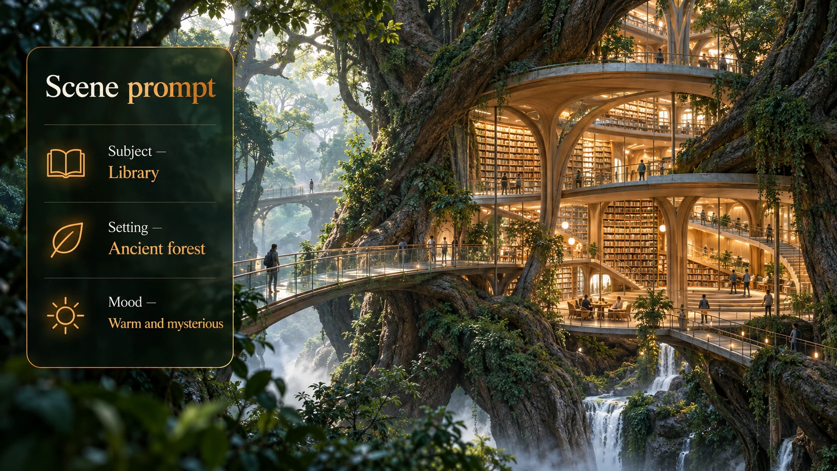 Warmly lit library among ancient tree roots with a scene prompt card