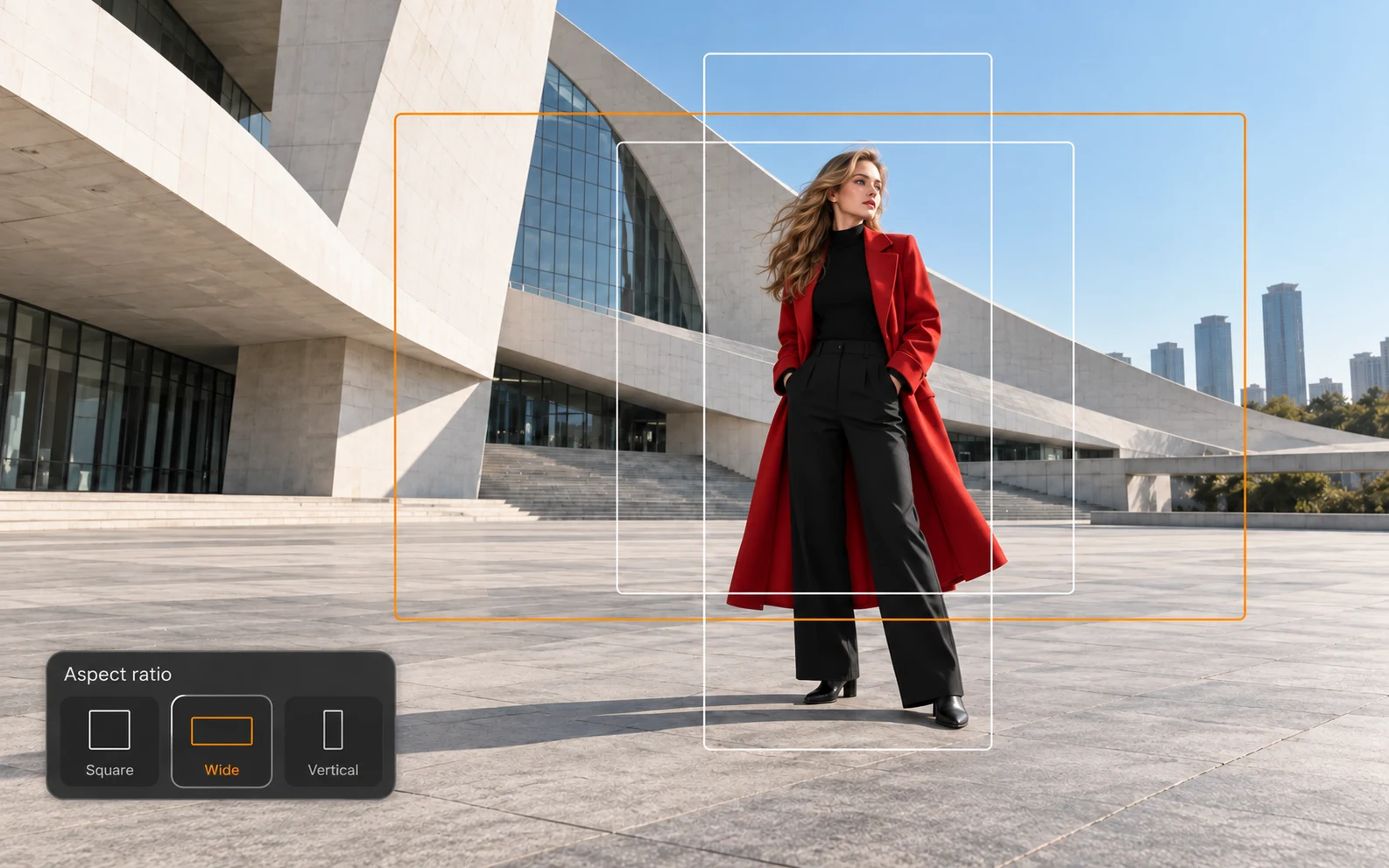 Woman in a red coat with square, wide and vertical aspect-ratio options