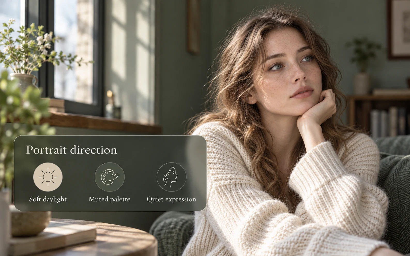 Indoor portrait of a woman in a white sweater with portrait direction cards