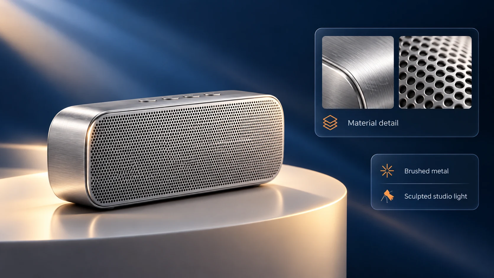 Silver metal speaker with a floating material-detail card
