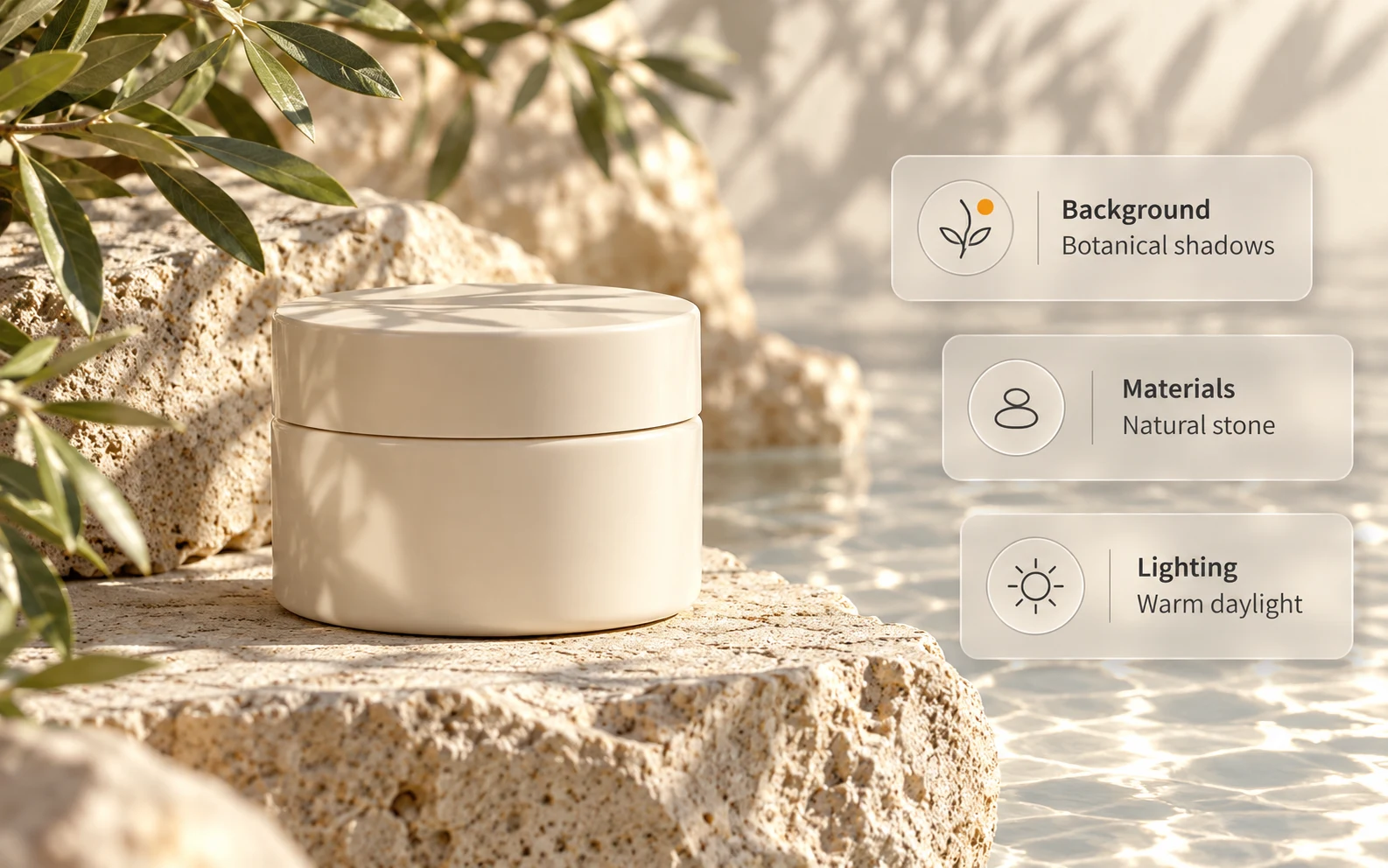 Skincare jar on natural stone with background, materials and lighting direction cards