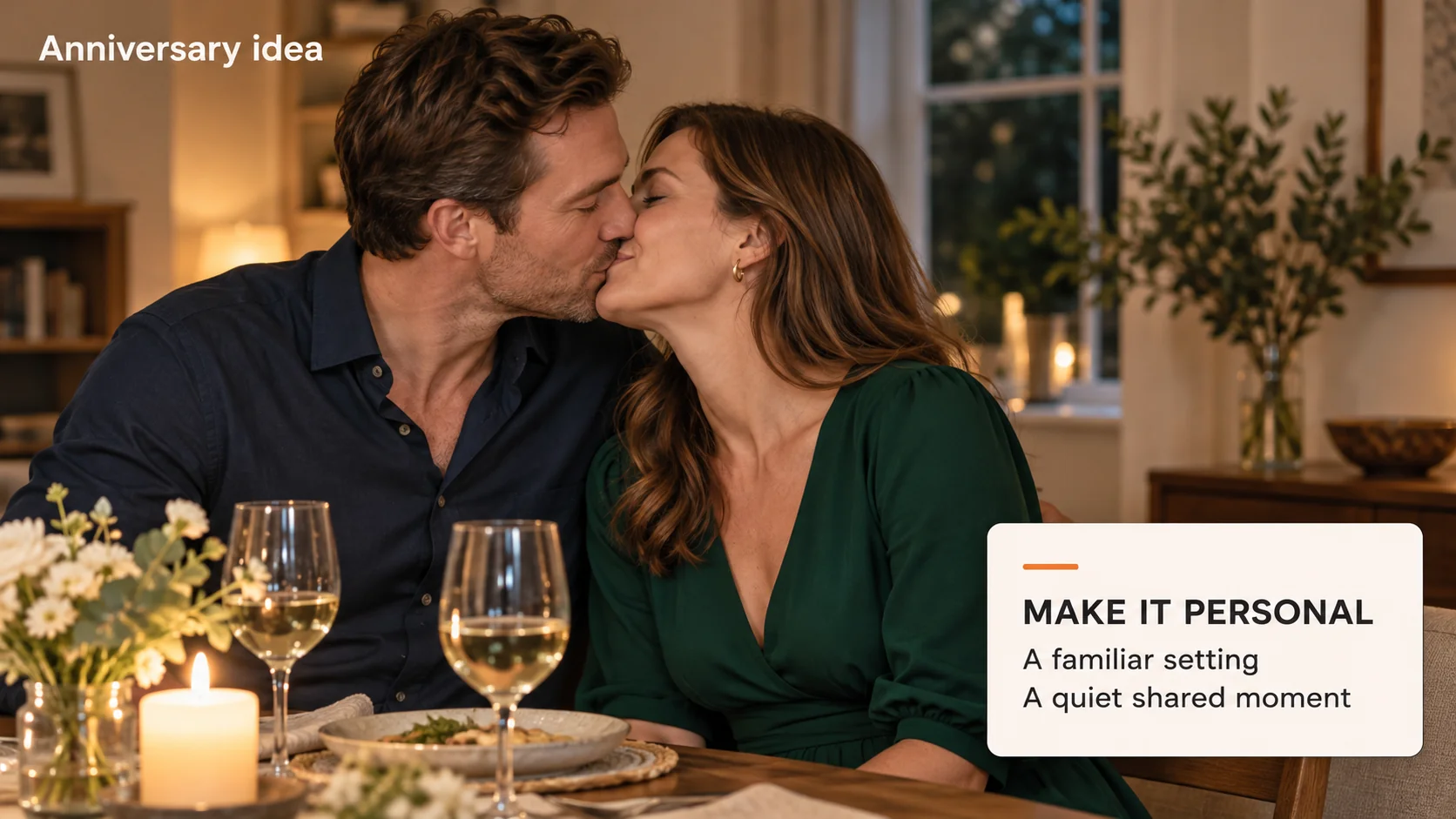 AI-created anniversary dinner kiss concept in a familiar home setting.