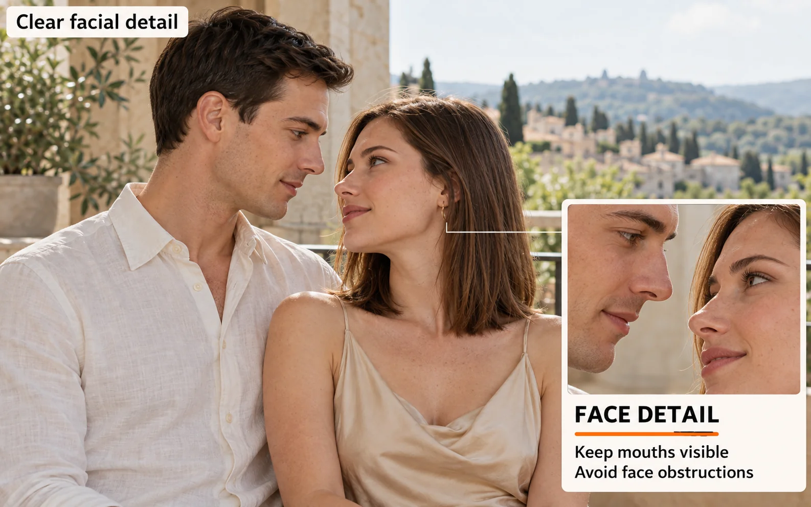 AI-created couple illustration with a facial detail inset and visibility notes.