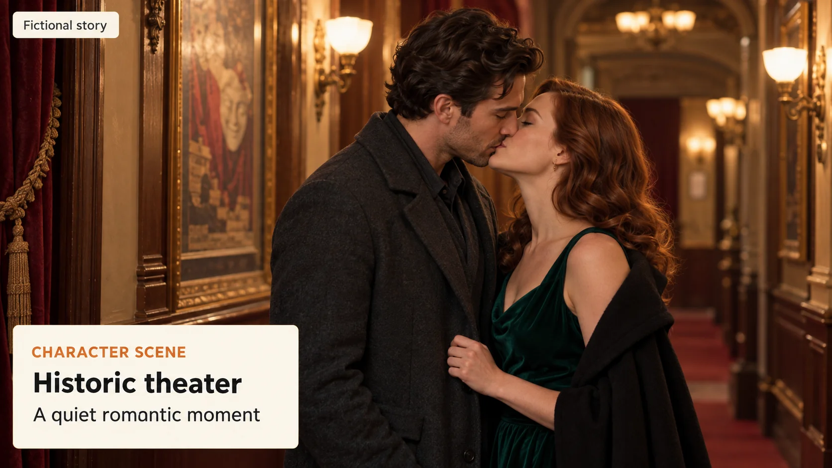 AI-created fictional romantic scene in a historic theater with creative notes.