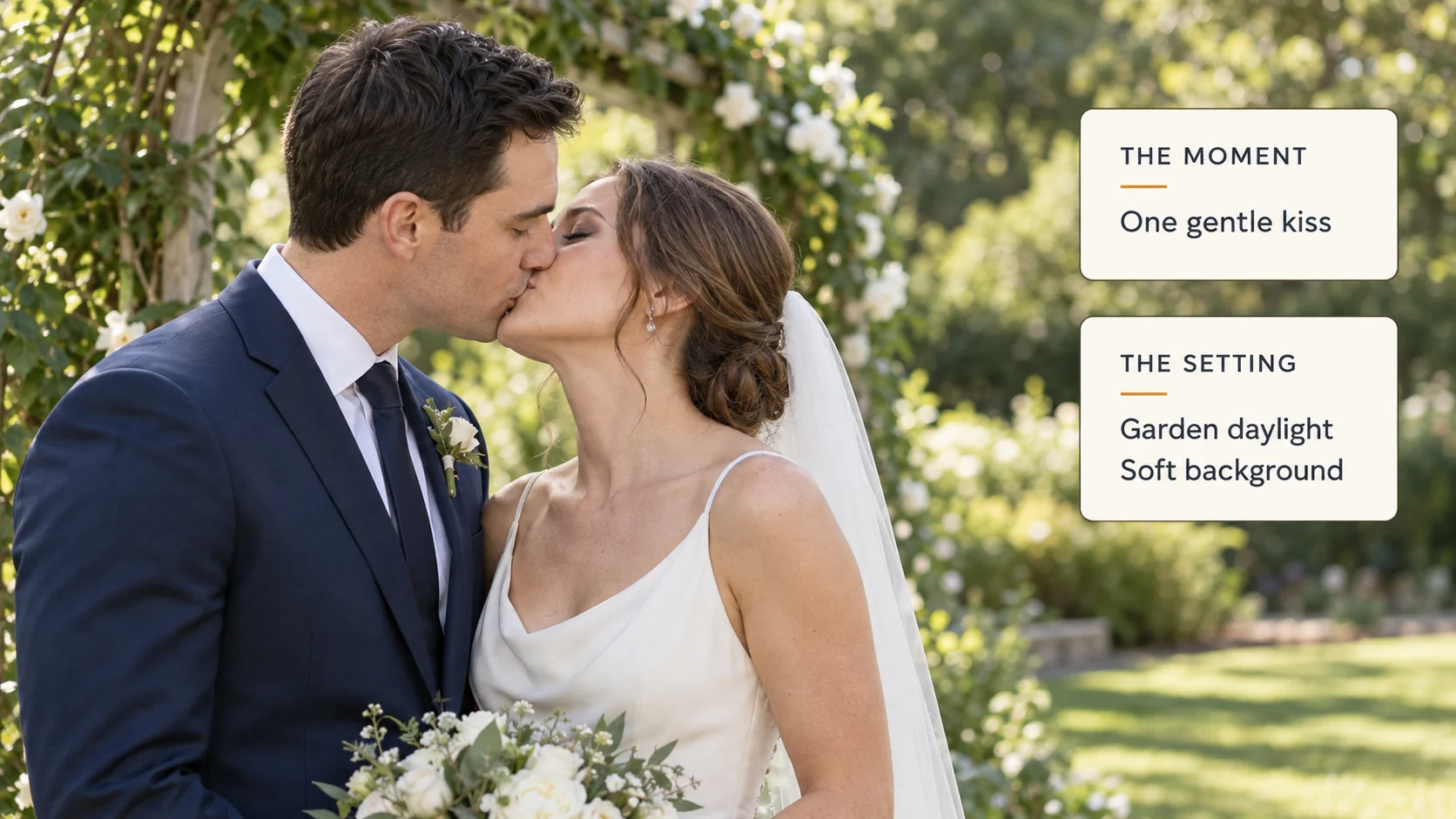AI-created garden wedding kiss concept with daylight and setting notes.
