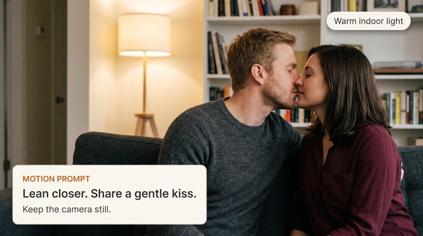 AI-created indoor kiss concept with a gentle motion prompt and warm lighting.