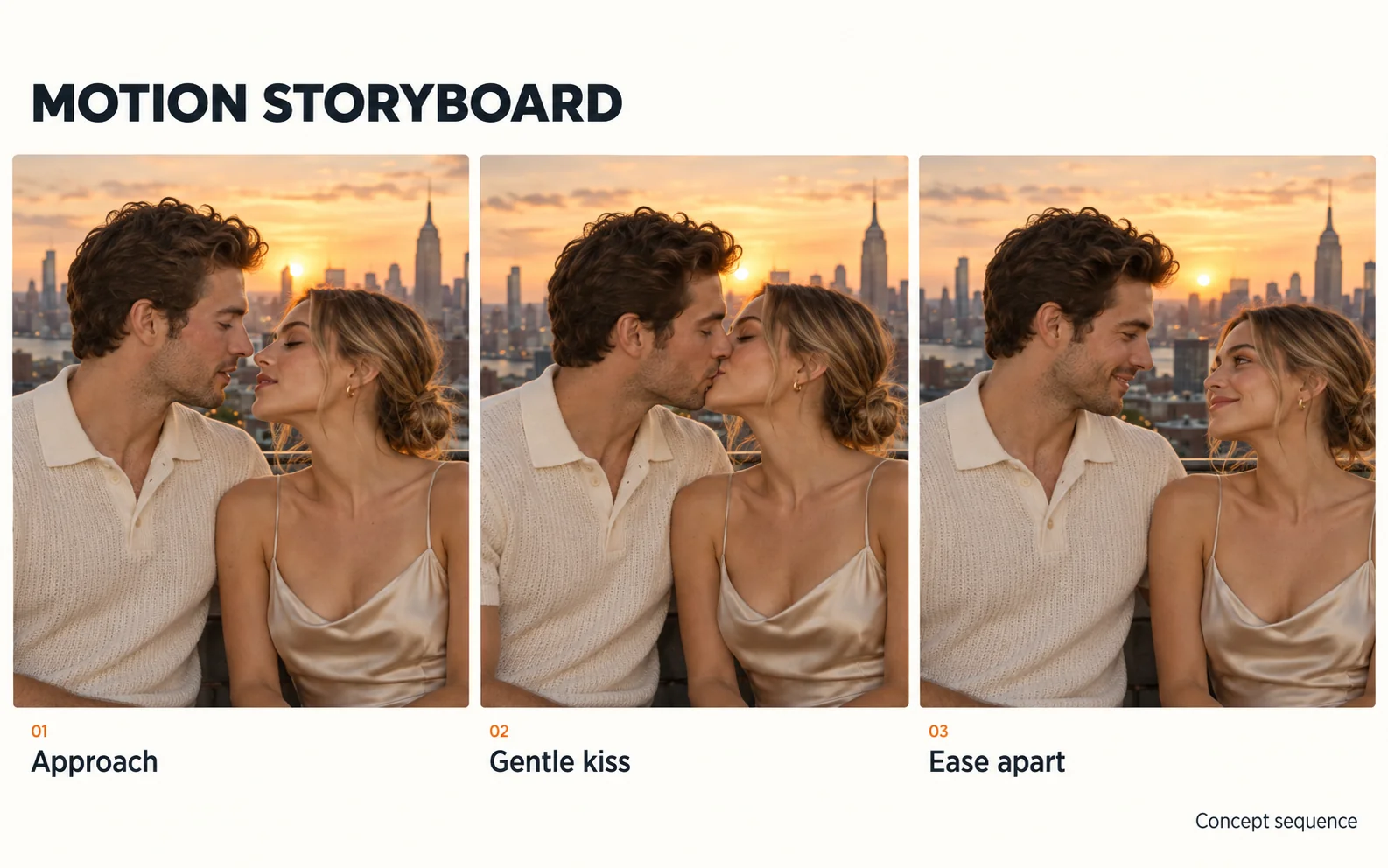 AI concept storyboard showing approach, a gentle kiss and easing apart.