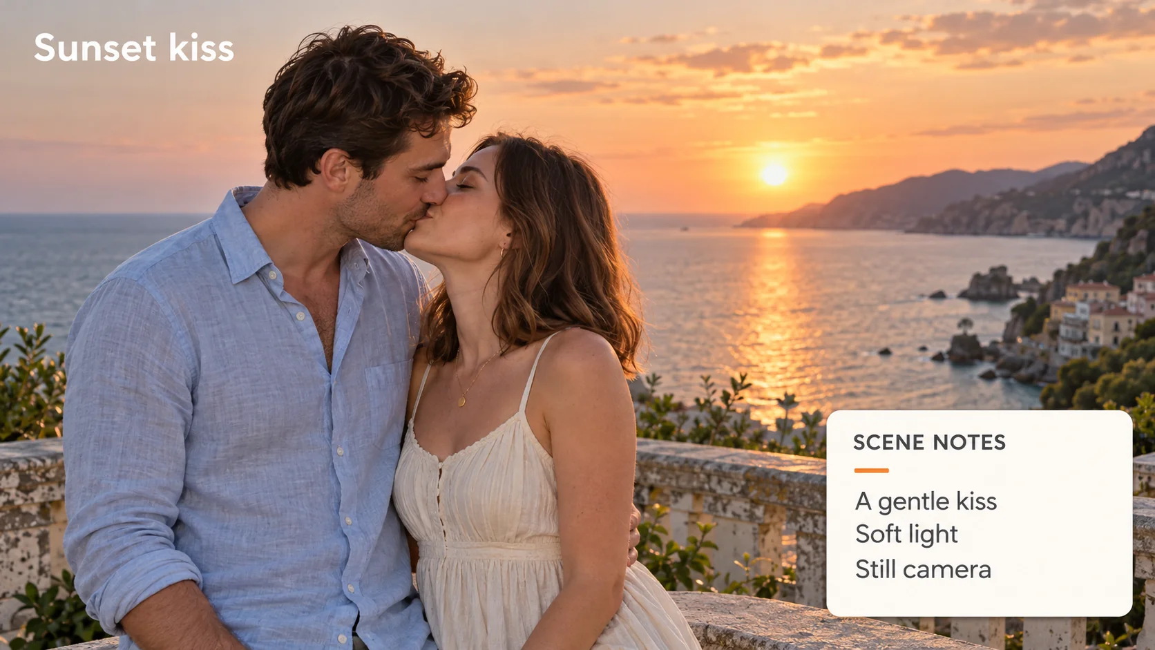 Sunset kiss concept for the AI Kiss Generator with a seaside couple and scene notes.
