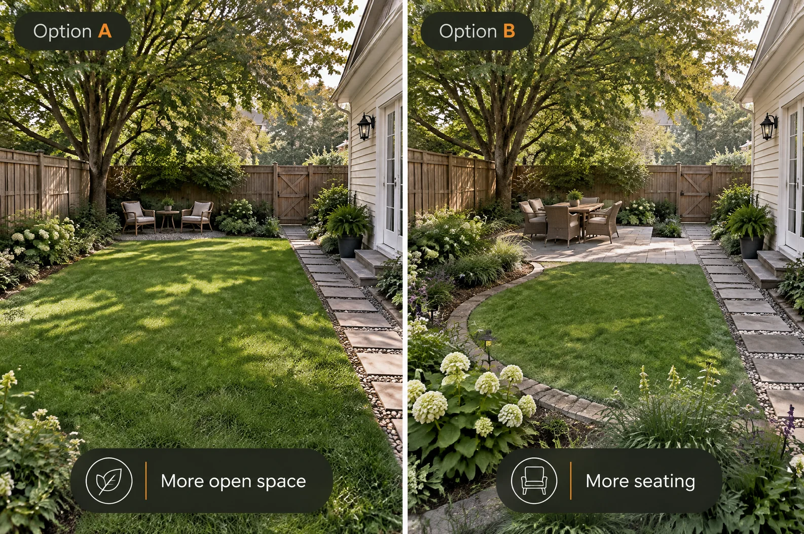 AI backyard layout concepts comparing more open lawn with more seating space