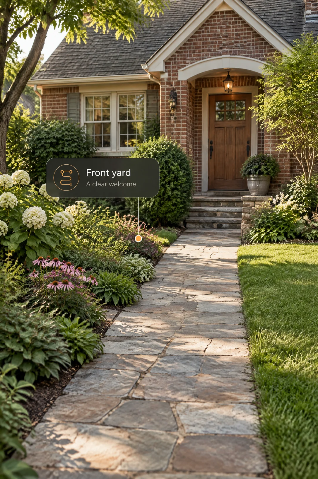 AI front-yard concept with a brick house, layered planting and a welcoming entry path
