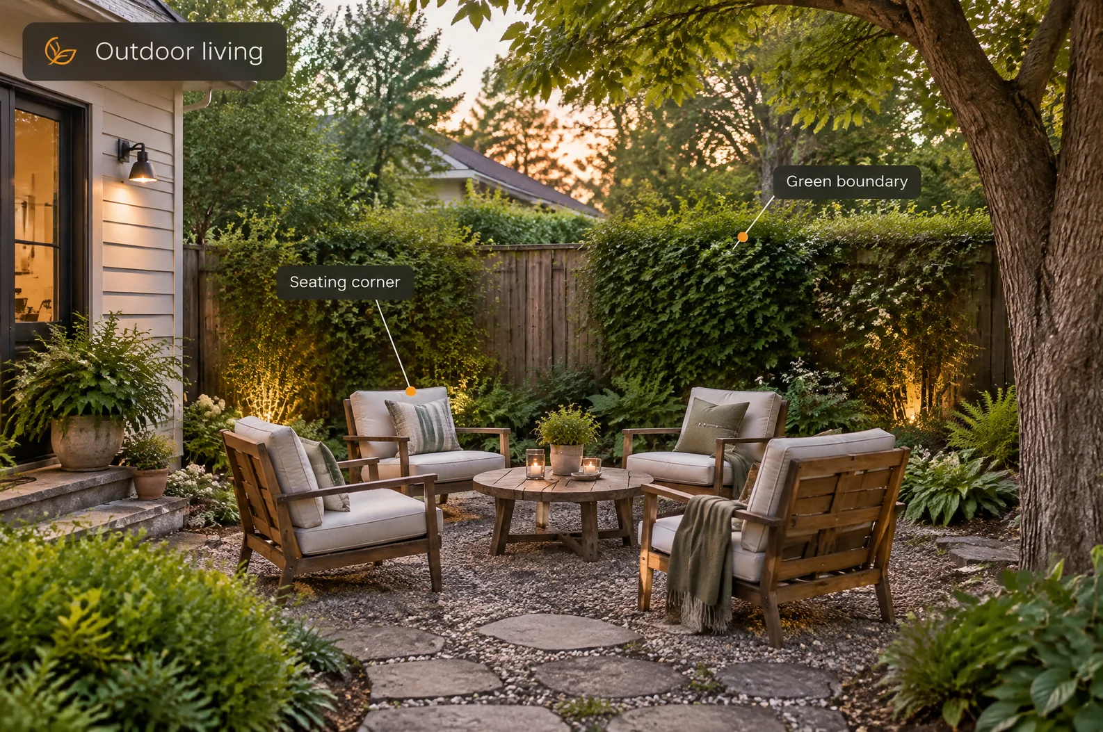 AI outdoor-living concept with a seating corner and a green planted boundary