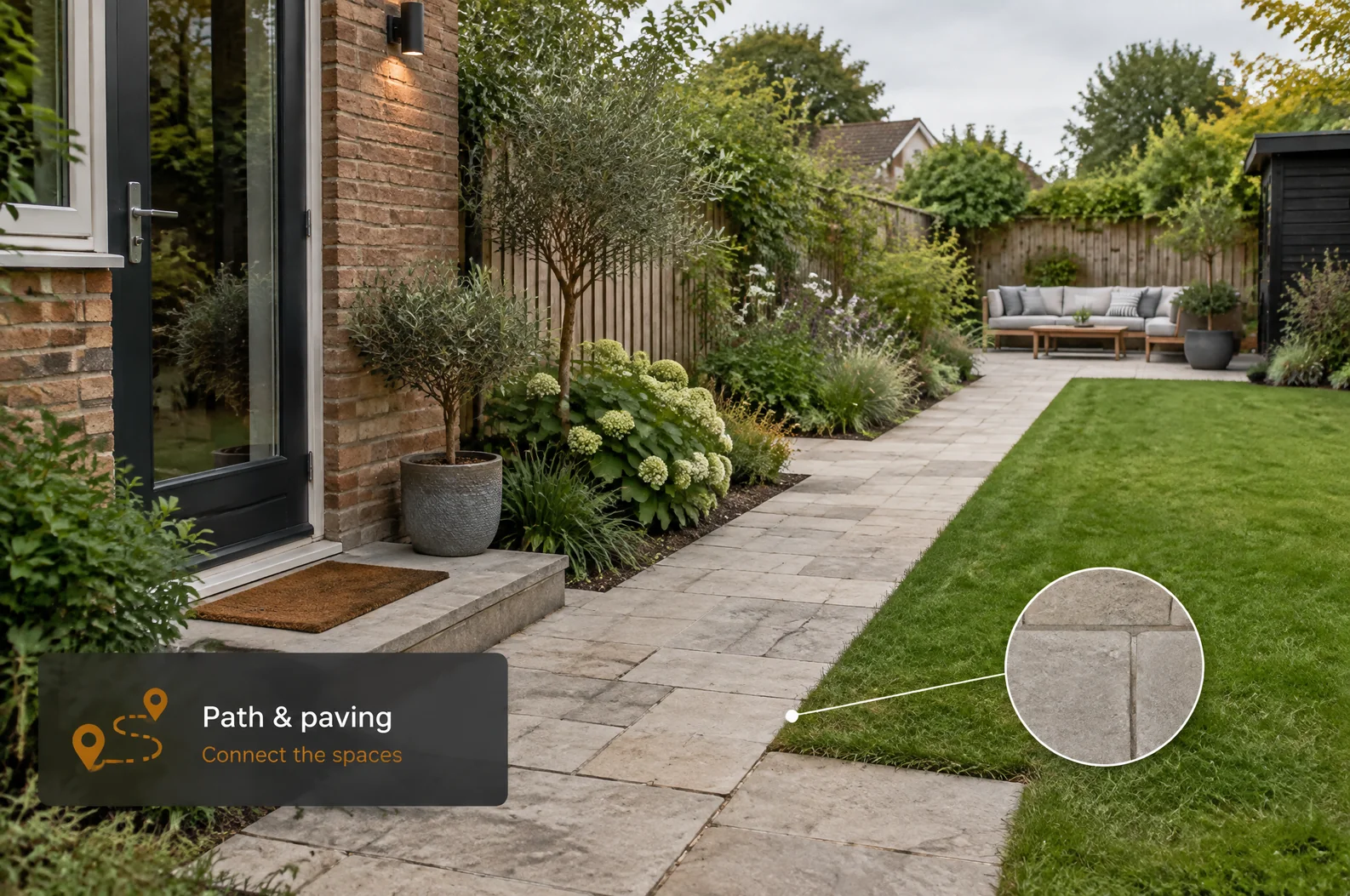 AI garden-path and paving concept with planting borders and an illustrative material inset