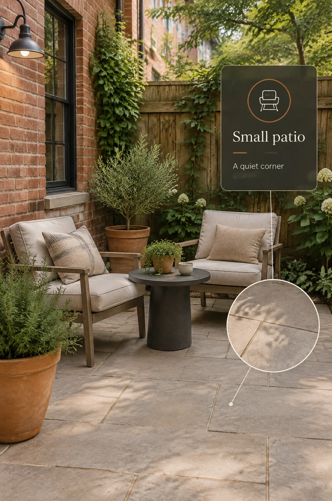 AI small-patio concept with brick walls, seating, greenery and an illustrative paving inset