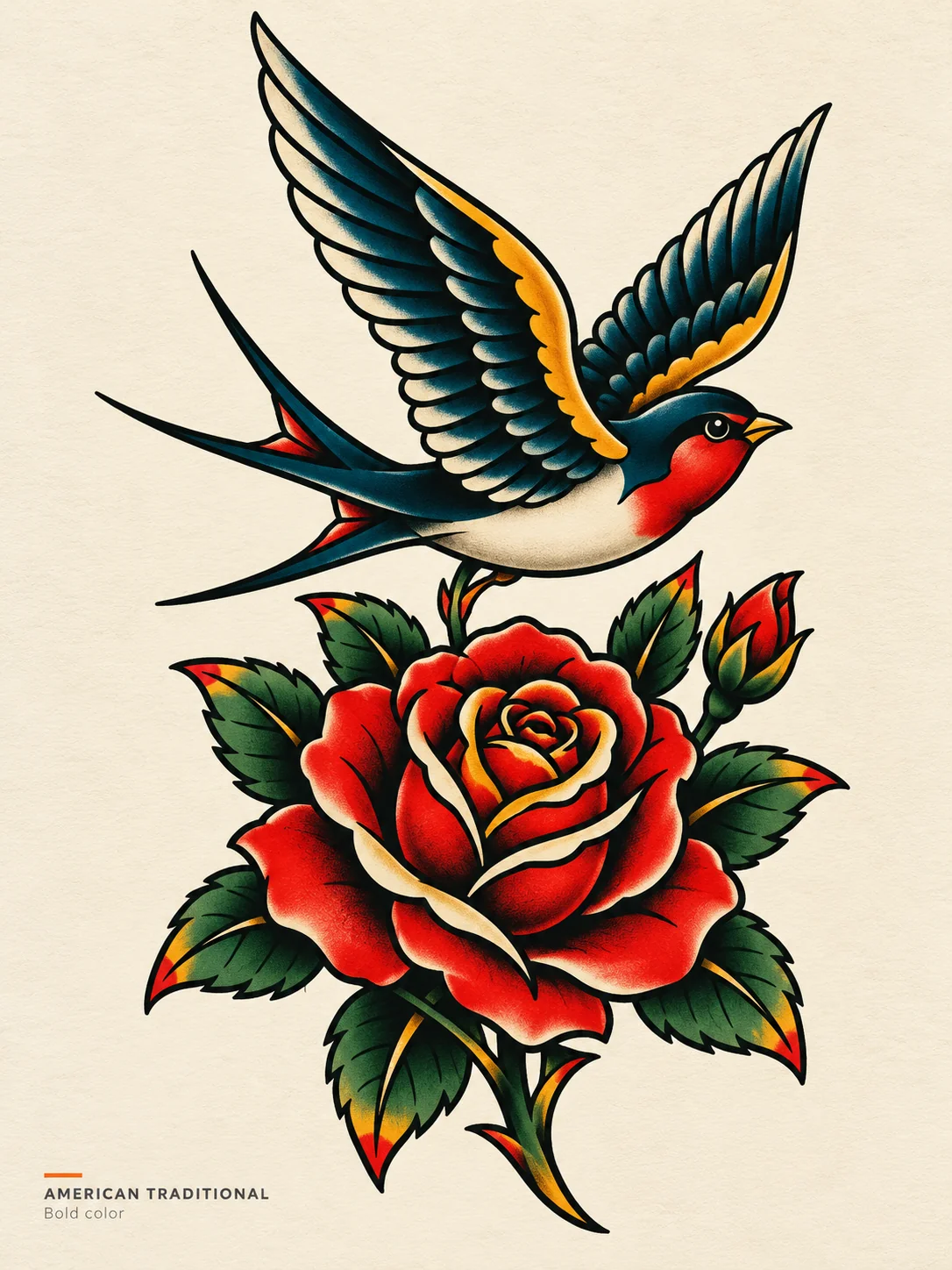 AI American traditional swallow and red rose tattoo concept labeled Bold color