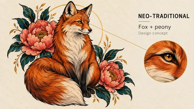 AI-created fox and peony tattoo concept with a neo-traditional design label
