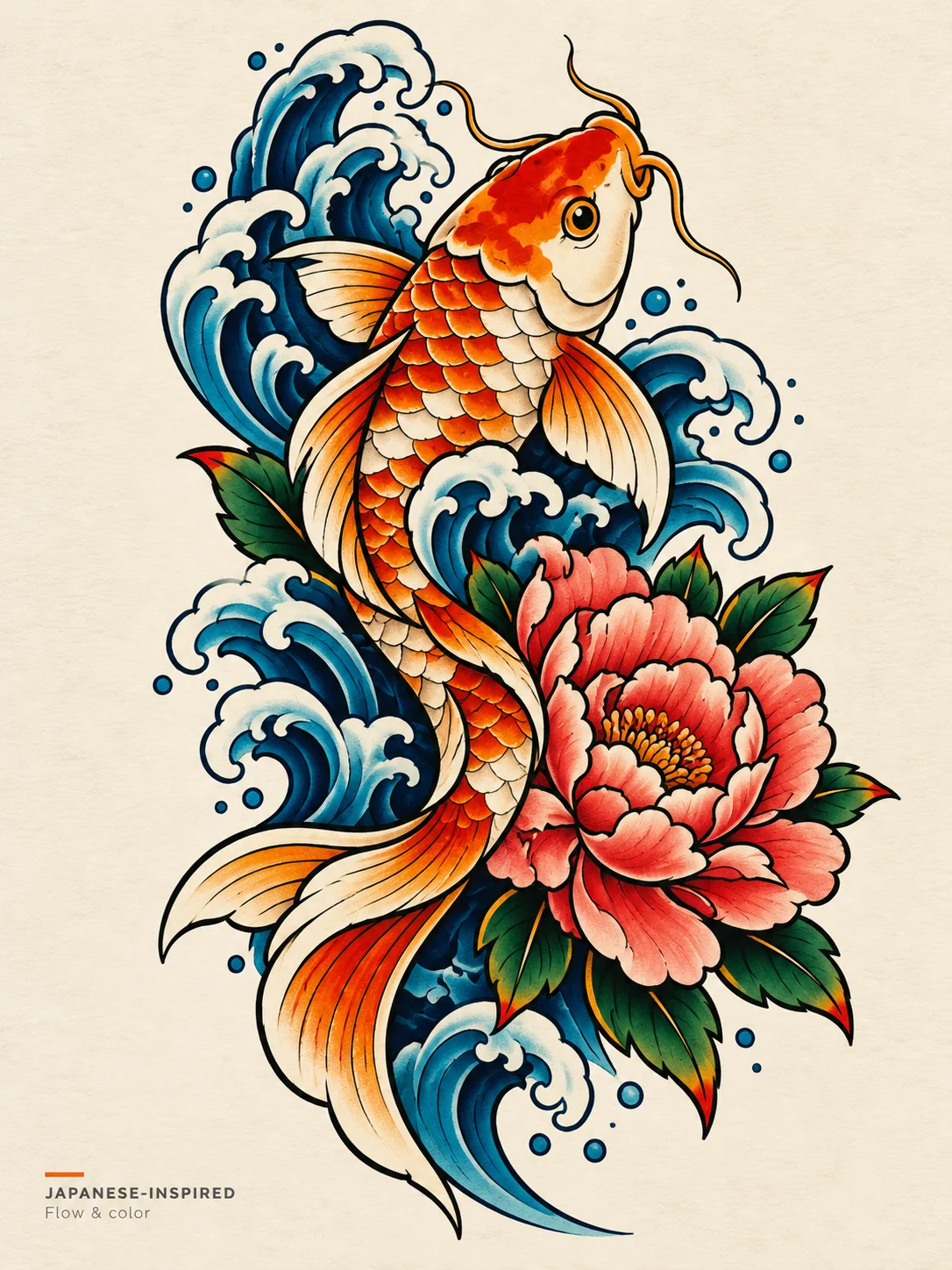 AI Japanese-inspired koi, waves and peony tattoo concept labeled Flow and color