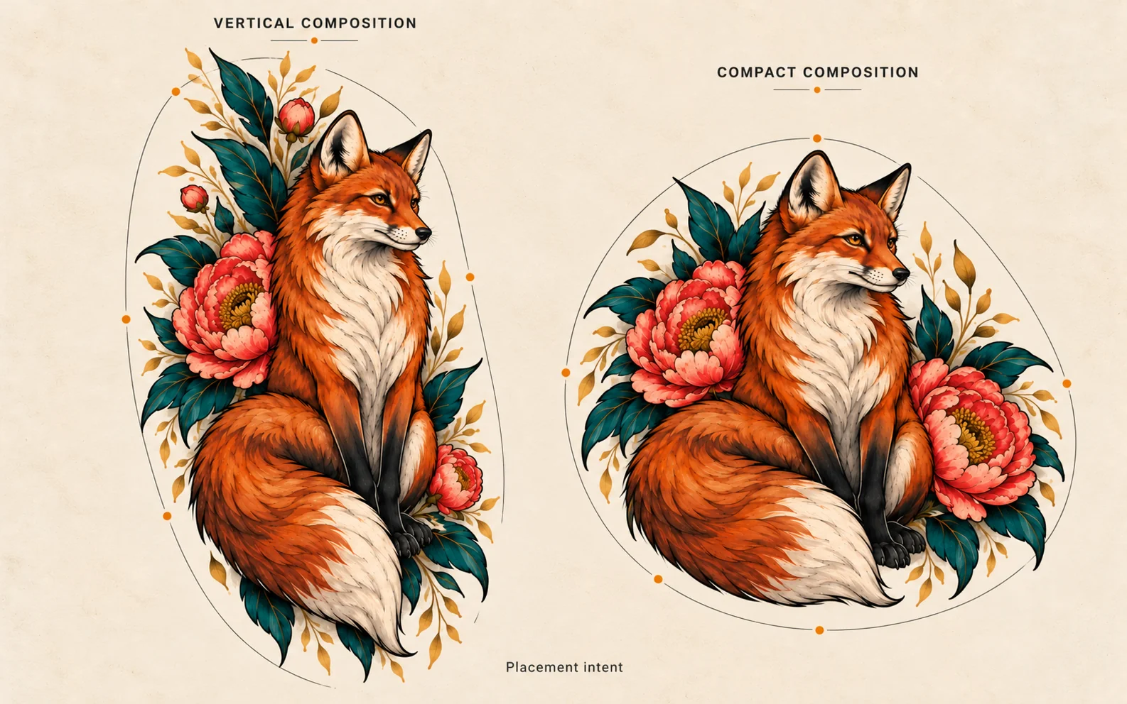 AI fox and peony tattoo concepts comparing vertical and compact compositions