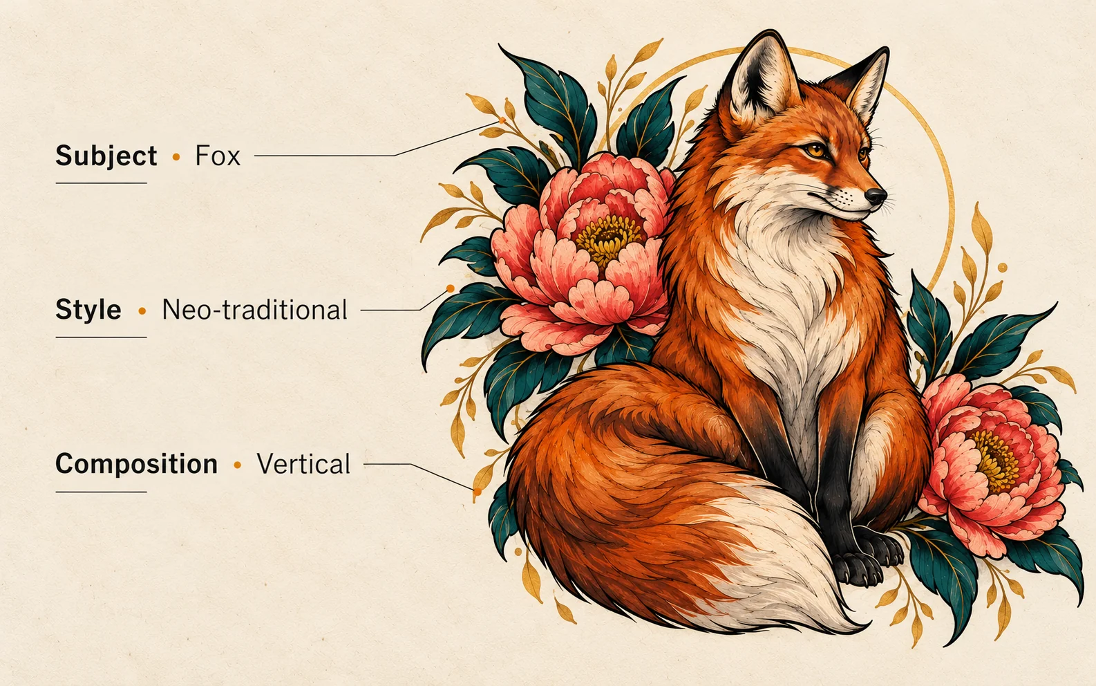 AI fox and peony tattoo concept annotated with subject, neo-traditional style and vertical composition